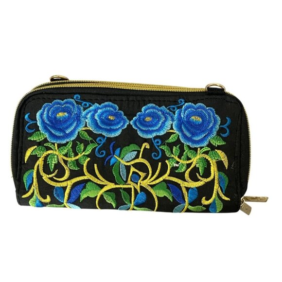 ⭐ 3/$15 Floral Embroidered Black Clutch Wallet W/ Blue Roses & Dual Gold Zippers - Picture 2 of 7